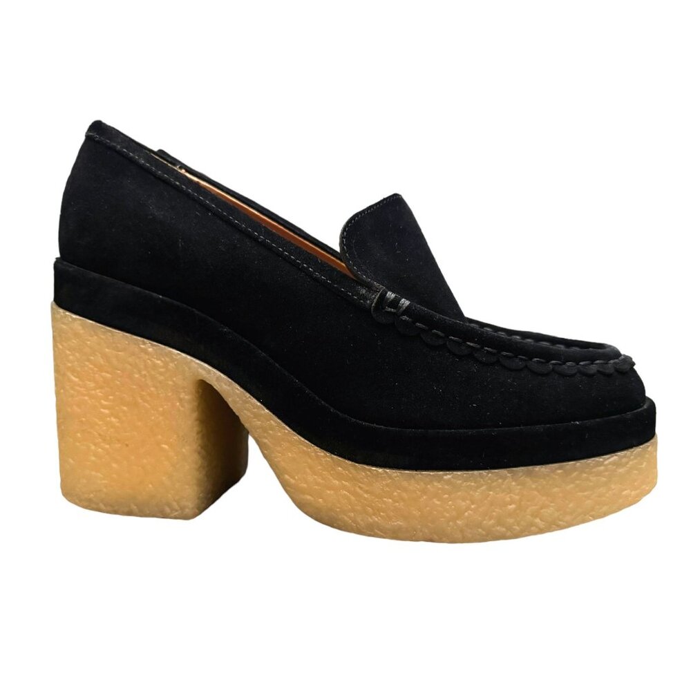 Marc Fisher Black and Tan Chunky Heel Loafers